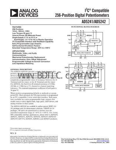 Analog Devices AD5241/AD5242 Digital Potentiometer Datasheet - cover page