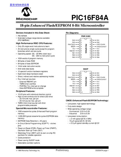 MICROCHIP PIC16F84A 18-pin Enhanced Flash/EEPROM 8-Bit Microcontrollerhandbook - cover page
