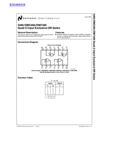 National Semiconductor 5486/DM5486/DM7486 Quad 2-Input Exclusive-OR Gates Datasheet - cover page