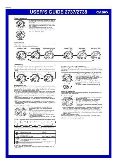 Casio 2737/2738 Watch User's Guide - cover page