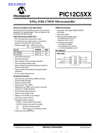 MICROCHIP 8-Pin 8-Bit CMOS Microcontrollers PIC12C5XX Manual - cover page
