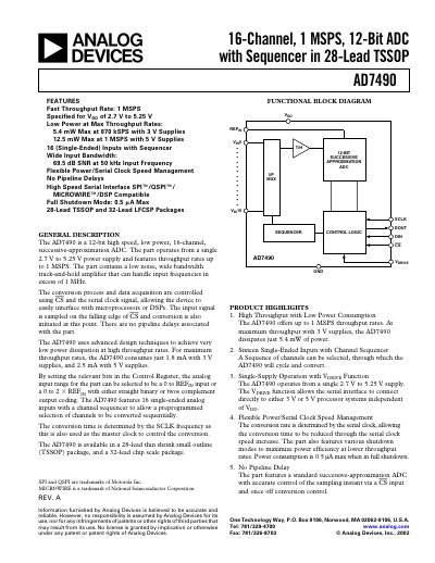 Analog Devices AD7490 16‑Channel 12‑Bit ADC Datasheet - cover page
