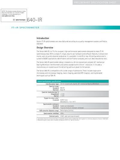 Varian 640-IR FT-IR Spectrometer Preliminary Specification Sheet