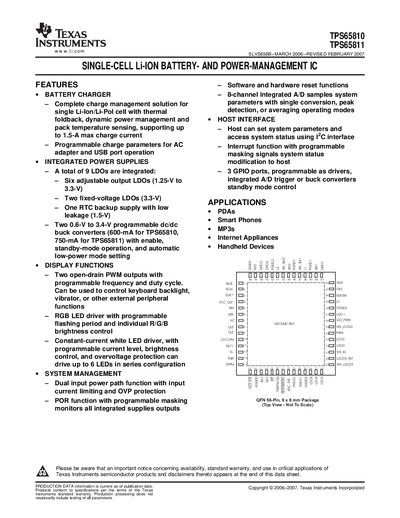Texas Instruments TPS65810/TPS65811 Single-Cell Li-Ion Battery and Power Management IC Datasheet - cover page