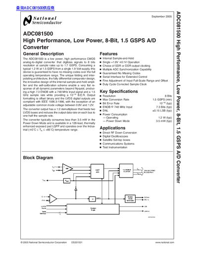 National Semiconductor ADC081500 High Performance Low Power 8-Bit A/D Converter Datasheet - cover page