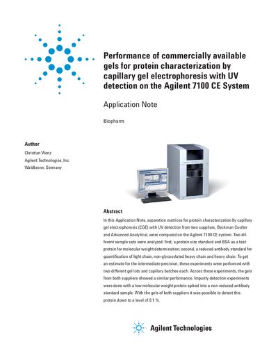 Agilent 7100 CE System Application Note: Performance of Commercially Available Gels for Protein Characterization - cover page