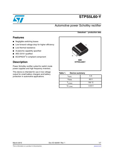 STMicroelectronics STPS5L60-Y Automotive Power Schottky Rectifier Datasheet