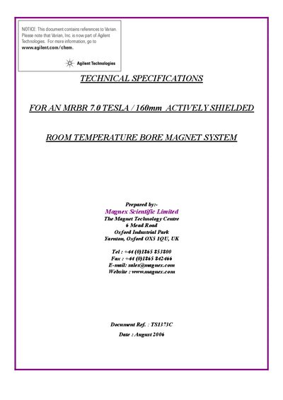 Magnex MRBR 7.0 Tesla Actively Shielded Magnet Technical Specifications - cover page