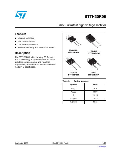 STMicroelectronics STTH30R06 Turbo 2 Ultrafast High Voltage Rectifier Datasheet