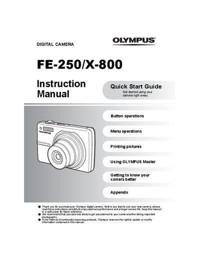 Olympus FE-250/X-800 Digital Camera Instruction Quick Start Guide Manual - cover page