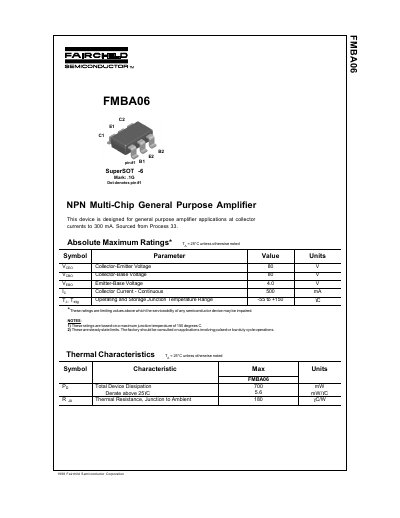 Fairchild FMBA06 NPN Multi-Chip General Purpose Amplifier Datasheet - cover page