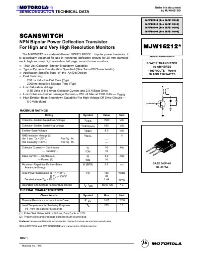 Motorola MJW16212 Bipolar Power Transistor Datasheet - cover page