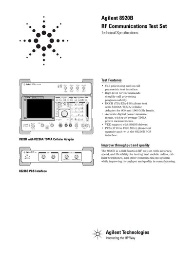 Agilent 8920B RF Communications Test Set Technical Specifications - cover page