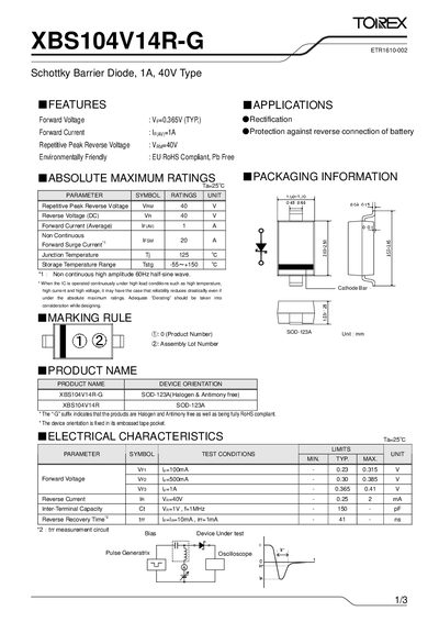 Torex XBS104V14R-G Schottky Barrier Diode Datasheet - cover page