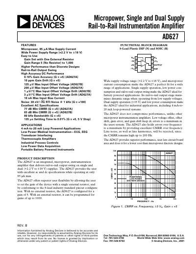 Analog Devices AD627 Instrumentation Amplifier Datasheet - cover page