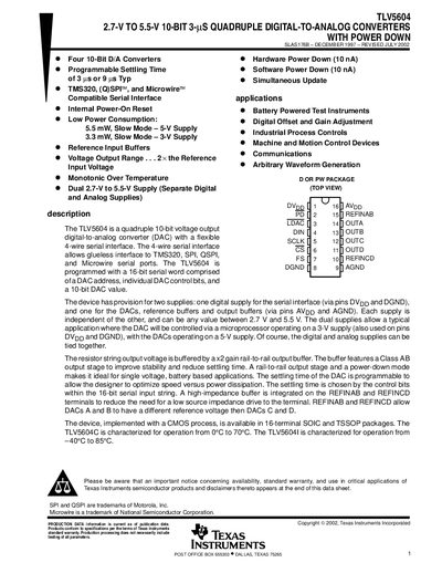 Texas Instruments TLV5604 Quadruple 10‑Bit DAC Datasheet - cover page