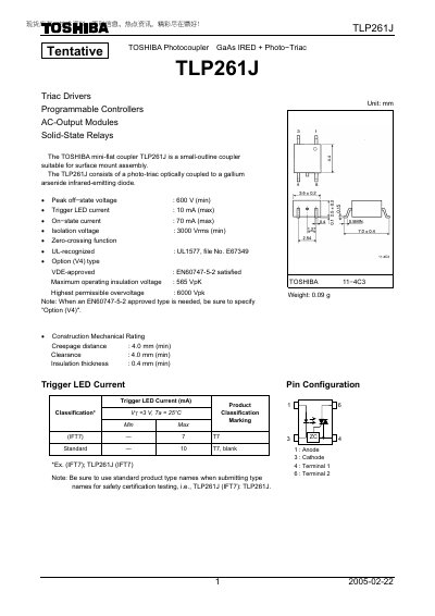 Toshiba TLP261J Photocoupler Datasheet - cover page