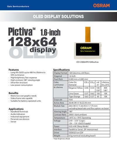 OSRAM Pictiva 1.6‑inch 128×64 OLED Display Datasheet - cover page