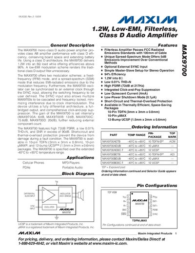 Maxim MAX9700 Class D Audio Amplifier Datasheet - cover page