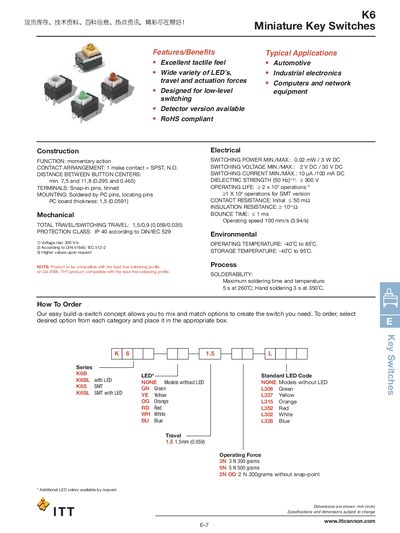 ITT K6 Miniature Key Switches Datasheet - cover page
