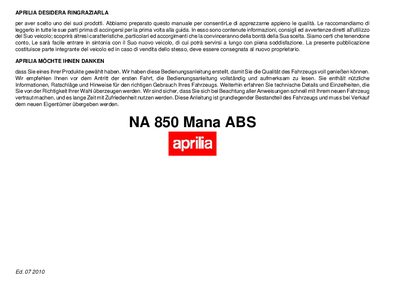 Aprilia NA 850 Mana ABS Owner's Manual - cover page