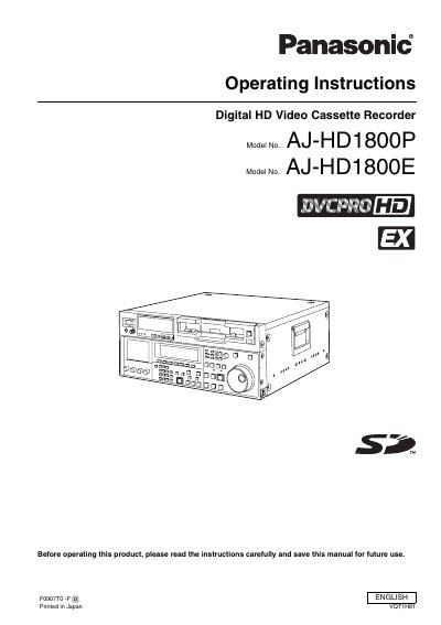 Panasonic AJ-HD1800 Digital HD VCR Operating Instructions