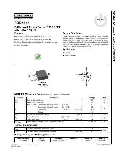 Fairchild FDD4141 P-Channel MOSFET Datasheet - cover page