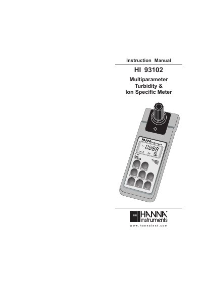 Hanna Instruments HI 93102 Multiparameter Turbidity Ion Specific Meter Instruction Manual - cover page