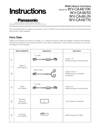 Panasonic WV-CA48 RS485 Cables & Connectors Manual - cover page