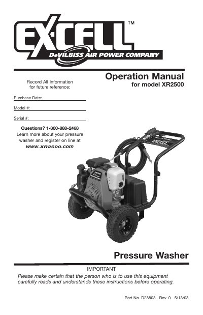 Ex-Cell XR2500 Pressure Washer Operation Manual - cover page