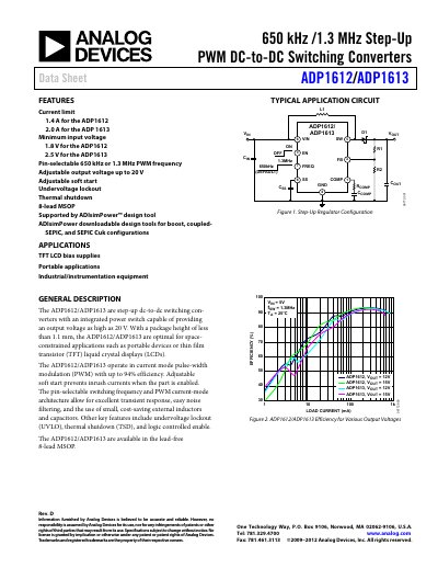 Analog Devices ADP1612/ADP1613 Step-Up PWM DC-to-DC Switching Converters Data Sheet