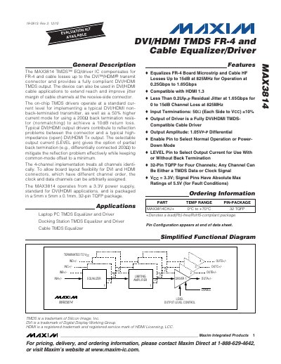 MAXIM MAX3814 DVI/HDMI TMDS FR-4 Cable Equalizer/Driver handbook - cover page