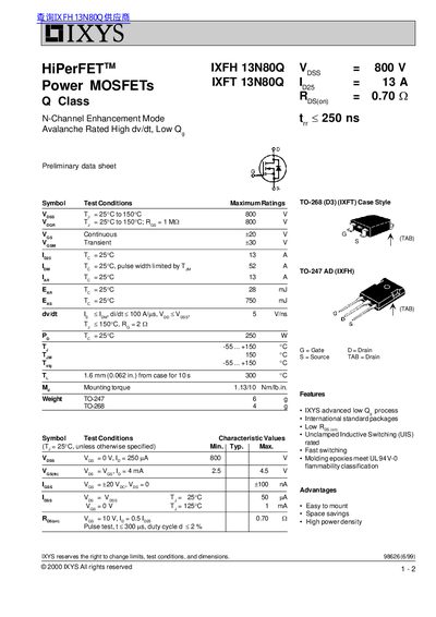 IXYS IXFH 13N80Q/IXFT 13N80Q Power MOSFET Preliminary Data Sheet - cover page