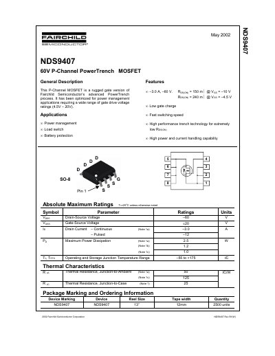 Fairchild Semiconductor NDS9407 60V P-Channel PowerTrench MOSFET Datasheet - cover page