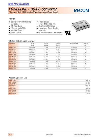 RECOM POWERLINE DC/DC Converter E-Series 30 Watt 1.6 kV Isolation Wide Input Range Datasheet - cover page