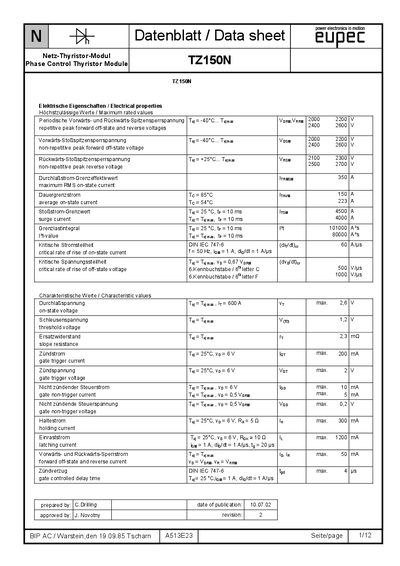 BUPeEC TZ150N Phase Control Thyristor Module Datasheet - cover page