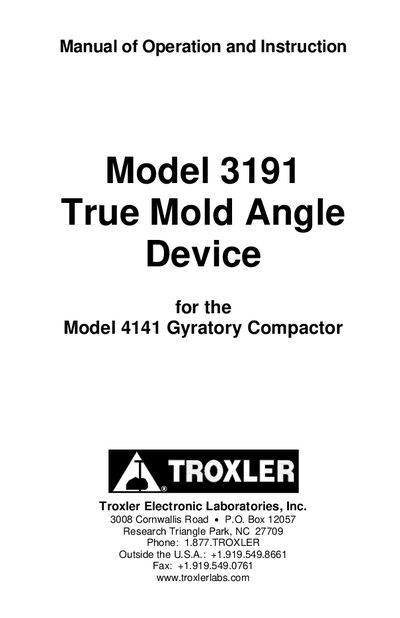 Troxler Model 3191 True Mold Angle Device Operation Manual - cover page