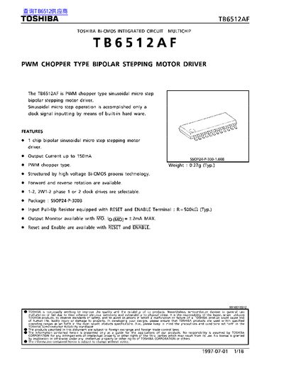 Toshiba TB6512AF PWM Chopper Bipolar Stepping Motor Driver Datasheet - cover page