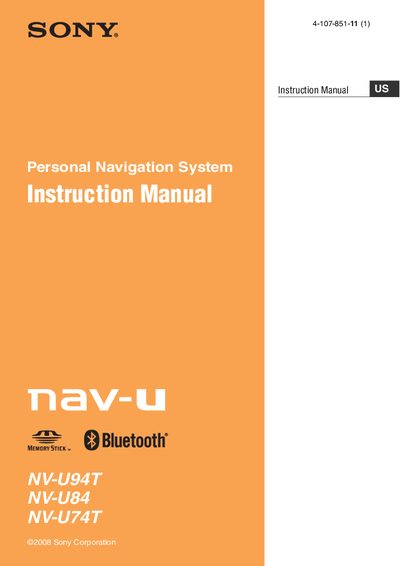 Sony NV-U94T/U84/U74T Personal Navigation System Instruction Manual - cover page