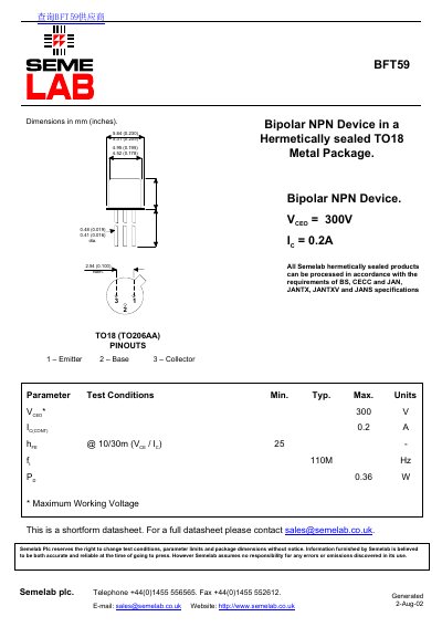 Semelab BFT59 Bipolar NPN Device Datasheet - cover page