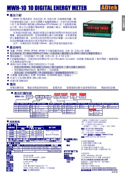 ADTEK MWH-10 Digital Energy Meter User Manual - cover page