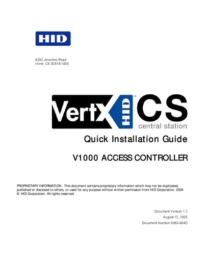HID V1000 Access Controller Installation Guide - cover page