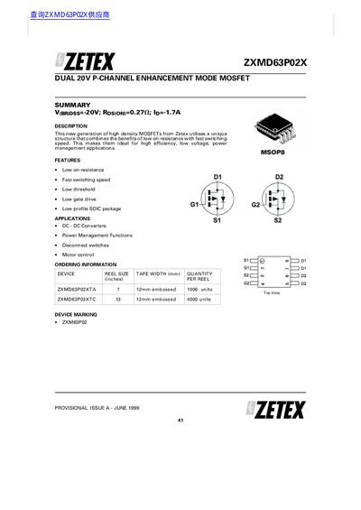 Zetex ZXMD63P02X Dual P-Channel MOSFET Datasheet - cover page
