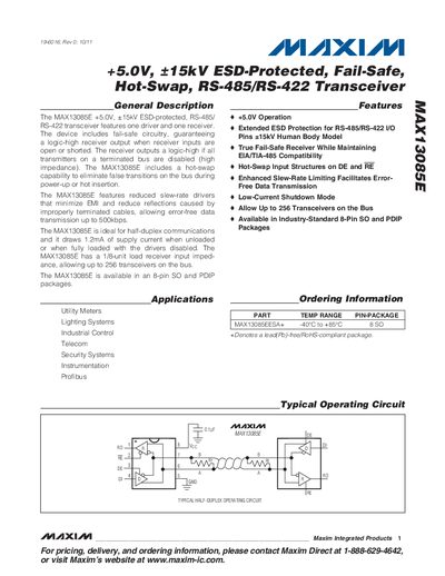 Maxim MAX13085E RS-485/RS-422 Transceiver Datasheet - cover page