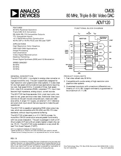Analog Devices ADV7120 Video DAC Datasheet Rev B - cover page