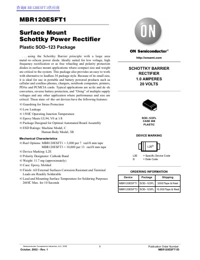 ON Semiconductor MBR120ESFT1 Surface Mount Schottky Power Rectifier Plastic SOD 123 Package handbook