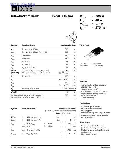 IXYS IXGH 24N60A IGBT Datasheet - cover page