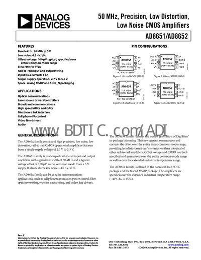 Analog Devices AD8651/AD8652 Datasheet - cover page