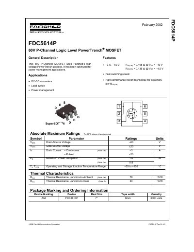 Fairchild Semiconductor FDC5614P 60V P-Channel MOSFET Datasheet - cover page