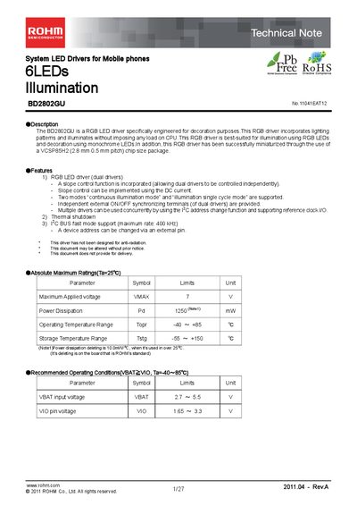 ROHM BD2802GU LED Driver Technical Note - cover page